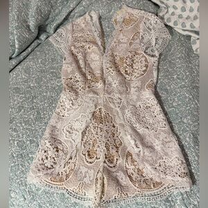 Hello Molly Lace Romper in Cream and Tan